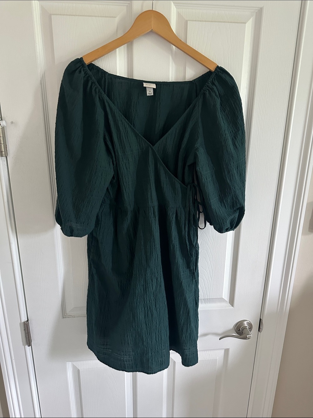 Dark Green Puff Sleeve Wrap Mini Dress - Picture 1 of 8